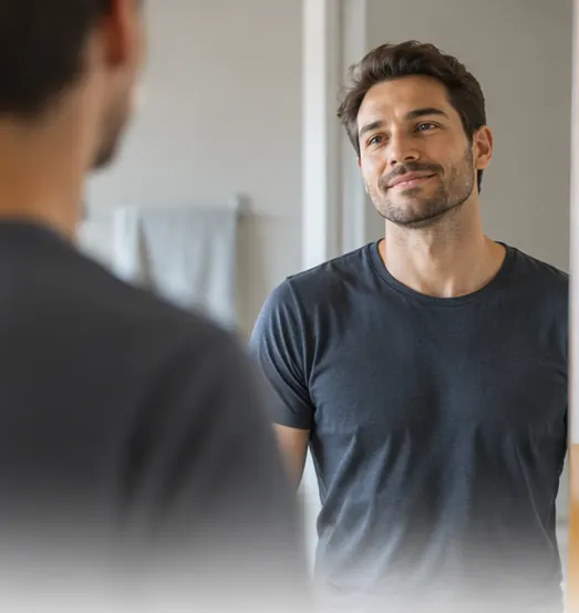 Hombre mirándose al espejo con expresión tranquila